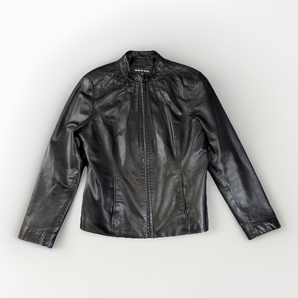 Revue Leather Jacket Womens L Black Pleated‎ Neck Full Zip Outerwear